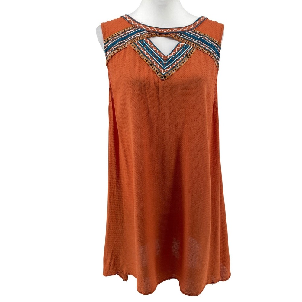 Umgee Embroidered Tunic Mini Dress Womens Large Orange Western Boho Artsy Top